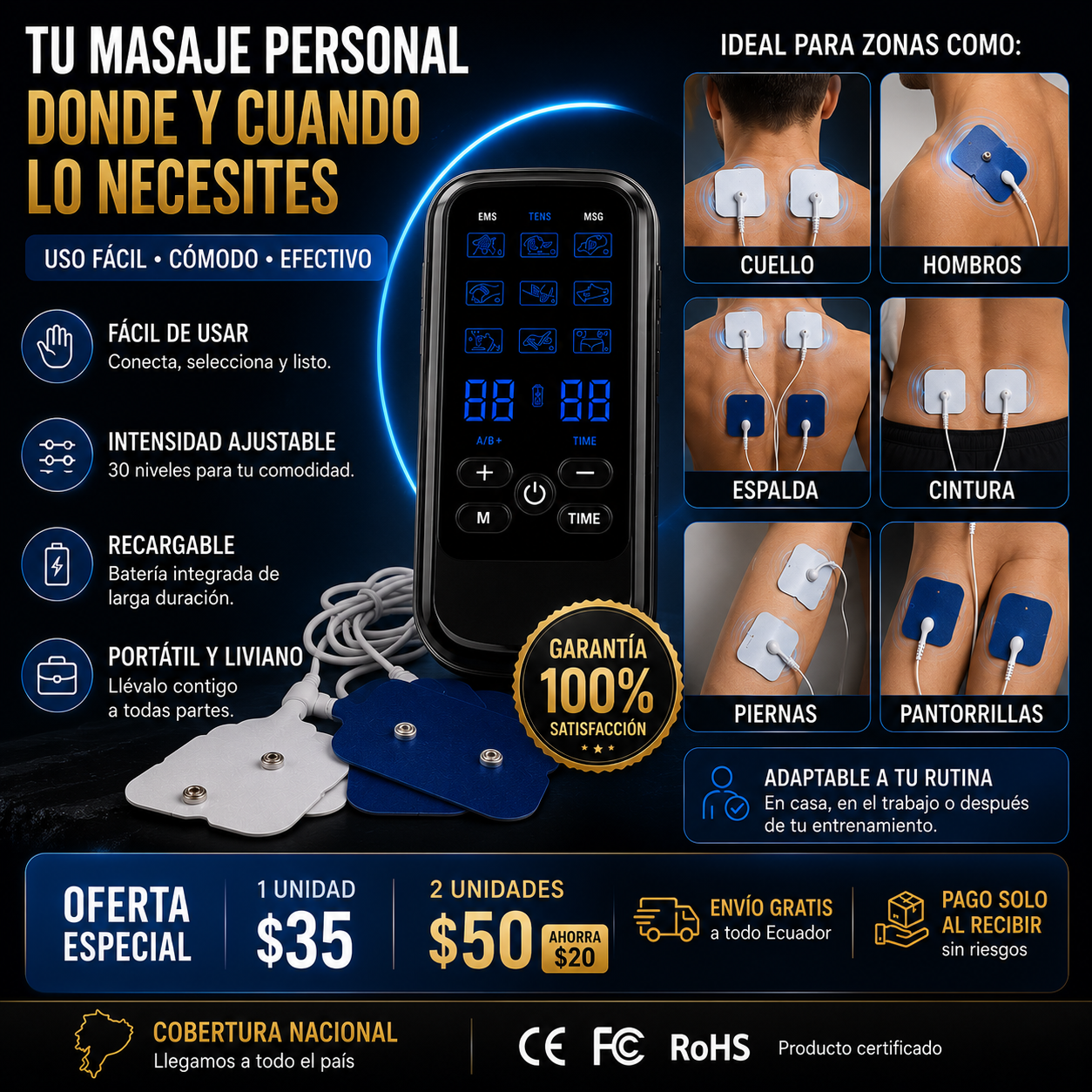 Masajeador Electroestimulador BSY269 - oferta especial 1 unidad $35, 2 unidades $50, envío gratis a todo Ecuador