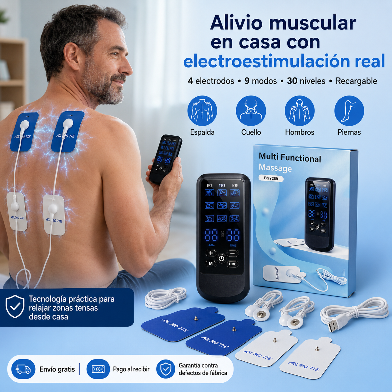 Masajeador Electroestimulador Muscular BSY269 — 4 Electrodos, Doble Canal