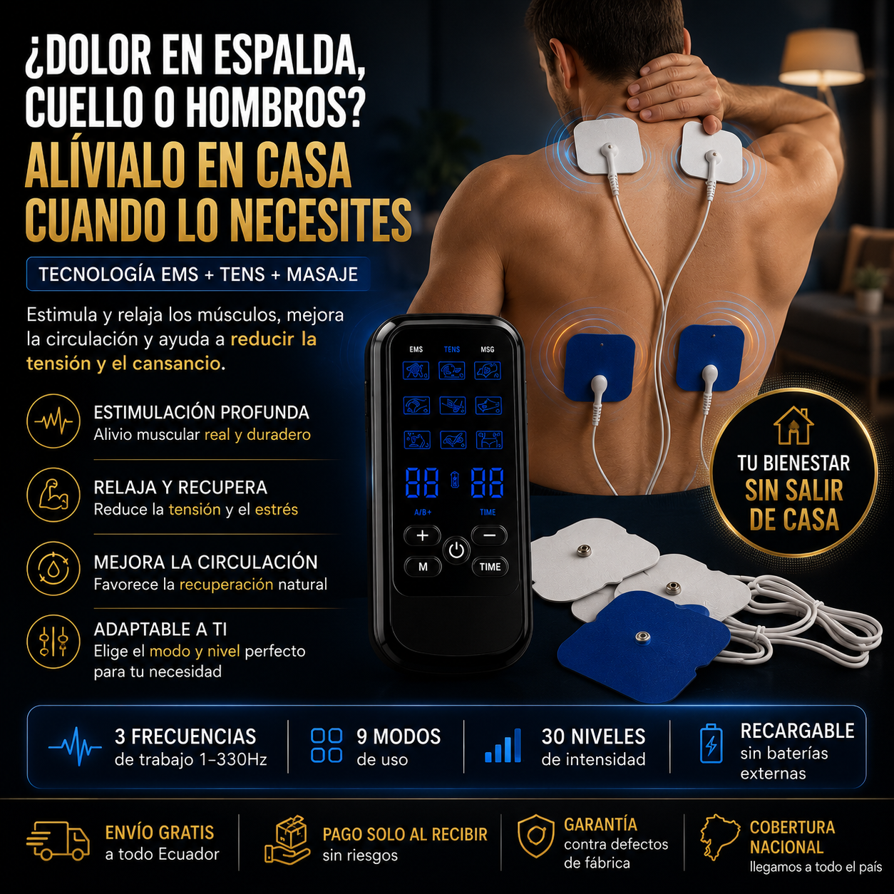 Masajeador Electroestimulador Muscular BSY269 — 4 Electrodos, Doble Canal