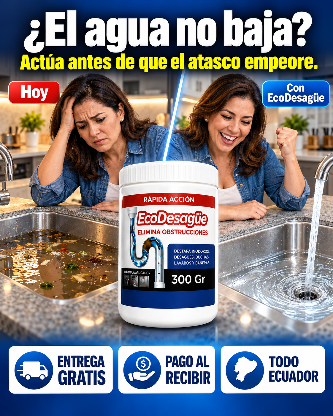 EcoDesagüe: ¿El agua no baja? Antes y después en el lavaplatos