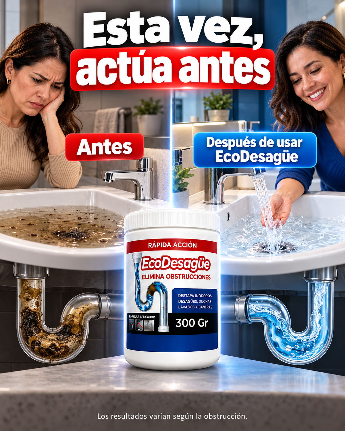 EcoDesagüe: antes y después en el lavamanos con tubería seccionada
