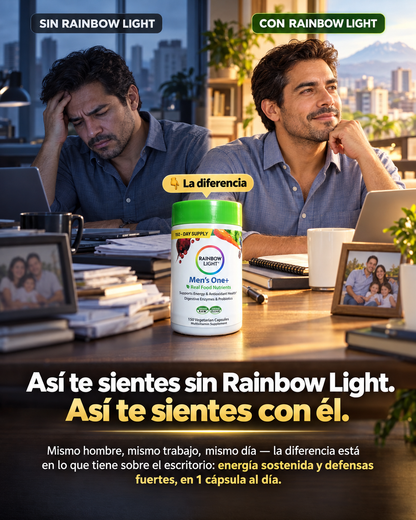 Rainbow Light Multivitamínico masculino — hombre pasando del agotamiento a la energía